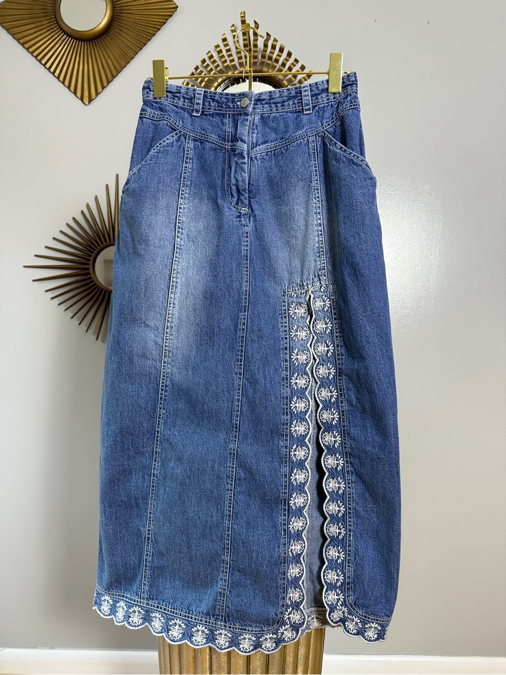 Free People - Denim Kora Maxi Skirt with White Embroidered Trim